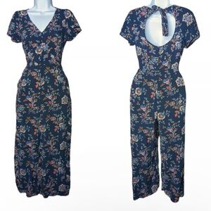 Abercrombie & Fitch Navy Blue Floral V-neck Open Back Short Sleeve Jumpsuit XS